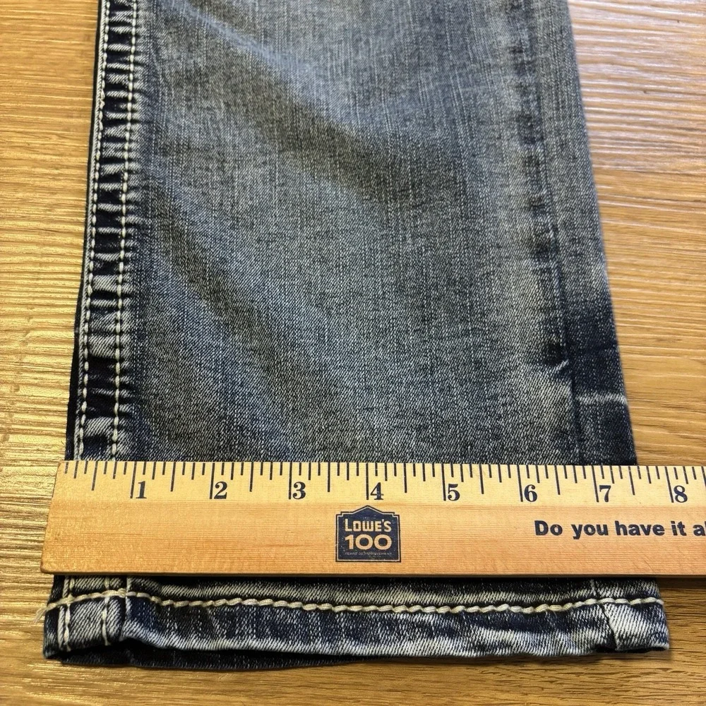 True Luck Jeans Mens 34x30 Dark Distressed Wash Straight Leg Red Stitching Faded